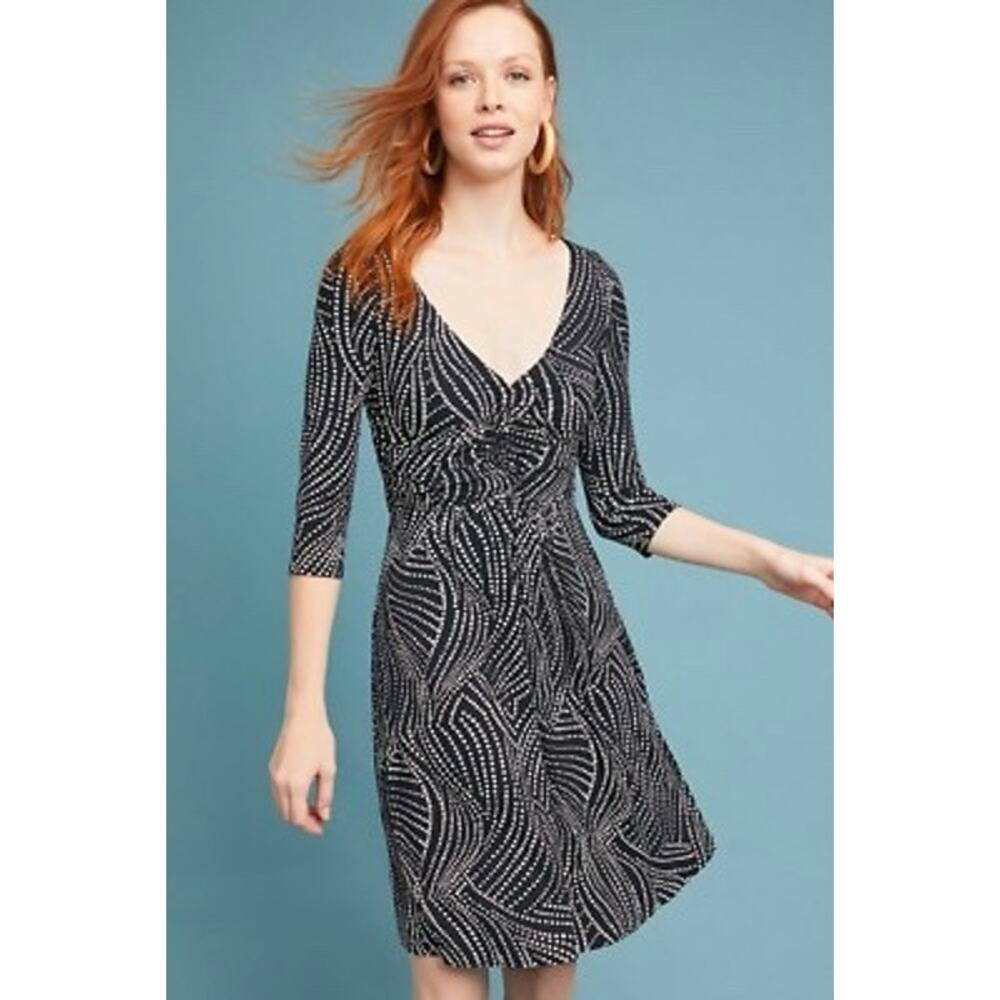 Anthropologie Maeve Black White Polka Dot Ruched Front Fit Flare Dress XS